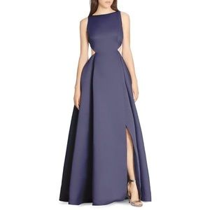 Halston Heritage Satin Faille Gown with Cut Outs in NAVY